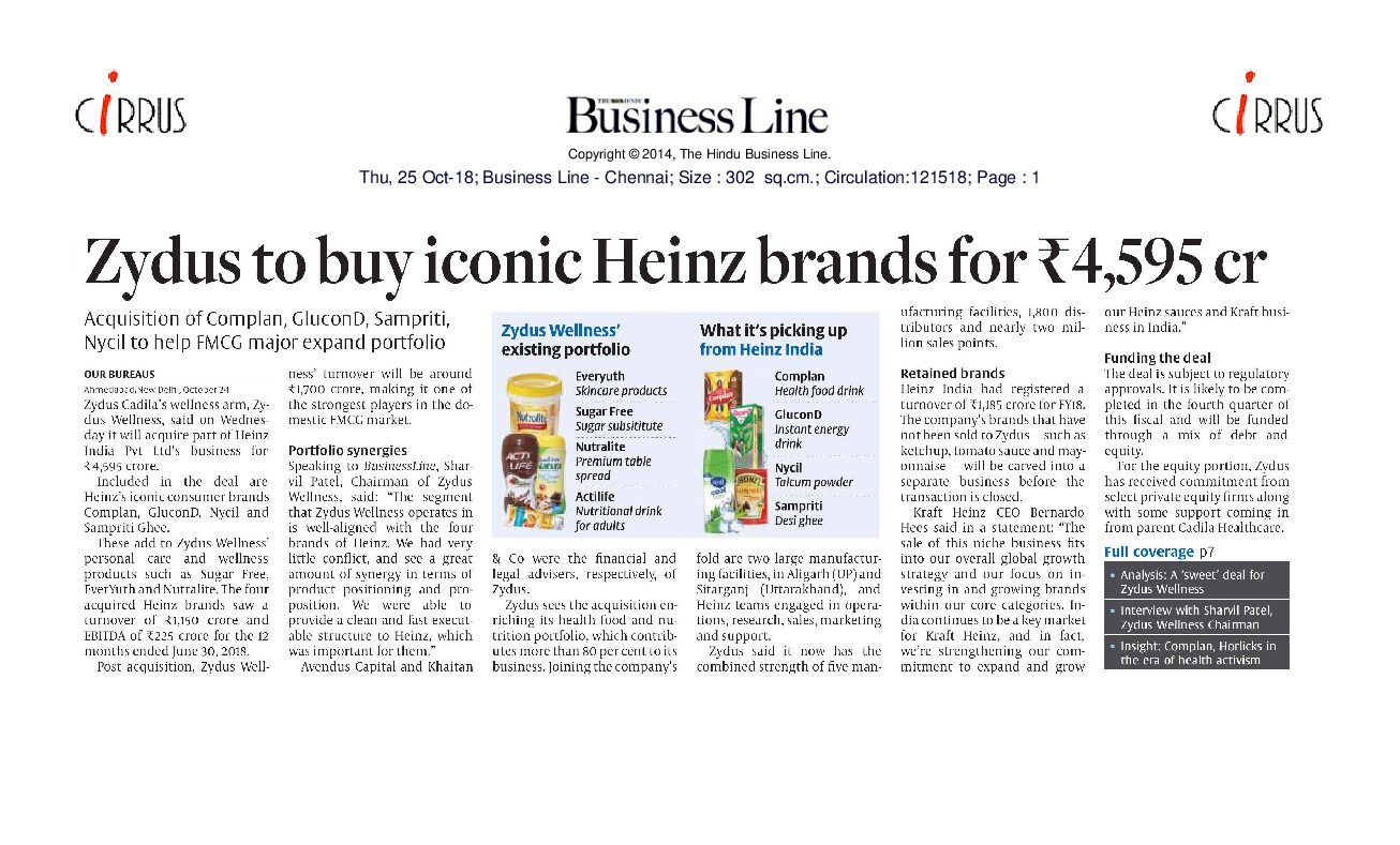 ZYDUS TO BUY ICONIC HEINZ BRANDS FOR RS 4596CR